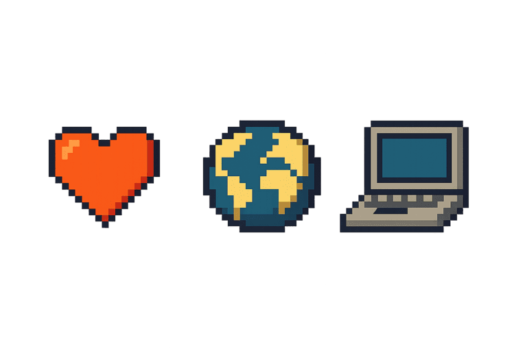 Icônes pixel art représentant les technologies et compétences de TYU